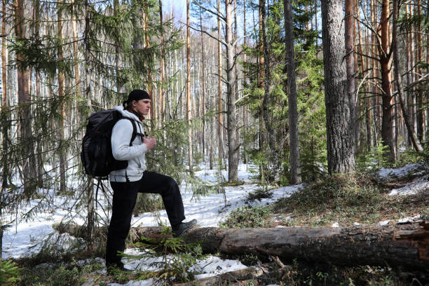 istock A man is a tourist in a pine forest with a backpack. A hiking trip through the forest. Pine reserve for tourist walks. A young man a hike in the spring. 1178924979