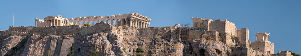 Temple of the Acropolis of Athens in Athens seen from the Agora in Greece