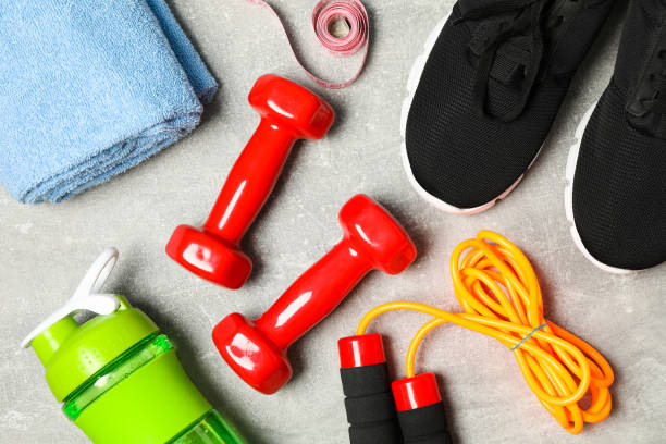 istock Composition with healthy lifestyle accessories on grey background 1178927944