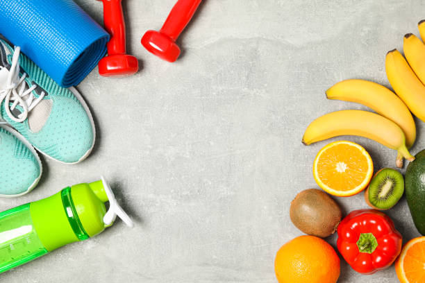istock Flat lay composition with healthy lifestyle accessories on grey background 1178928258