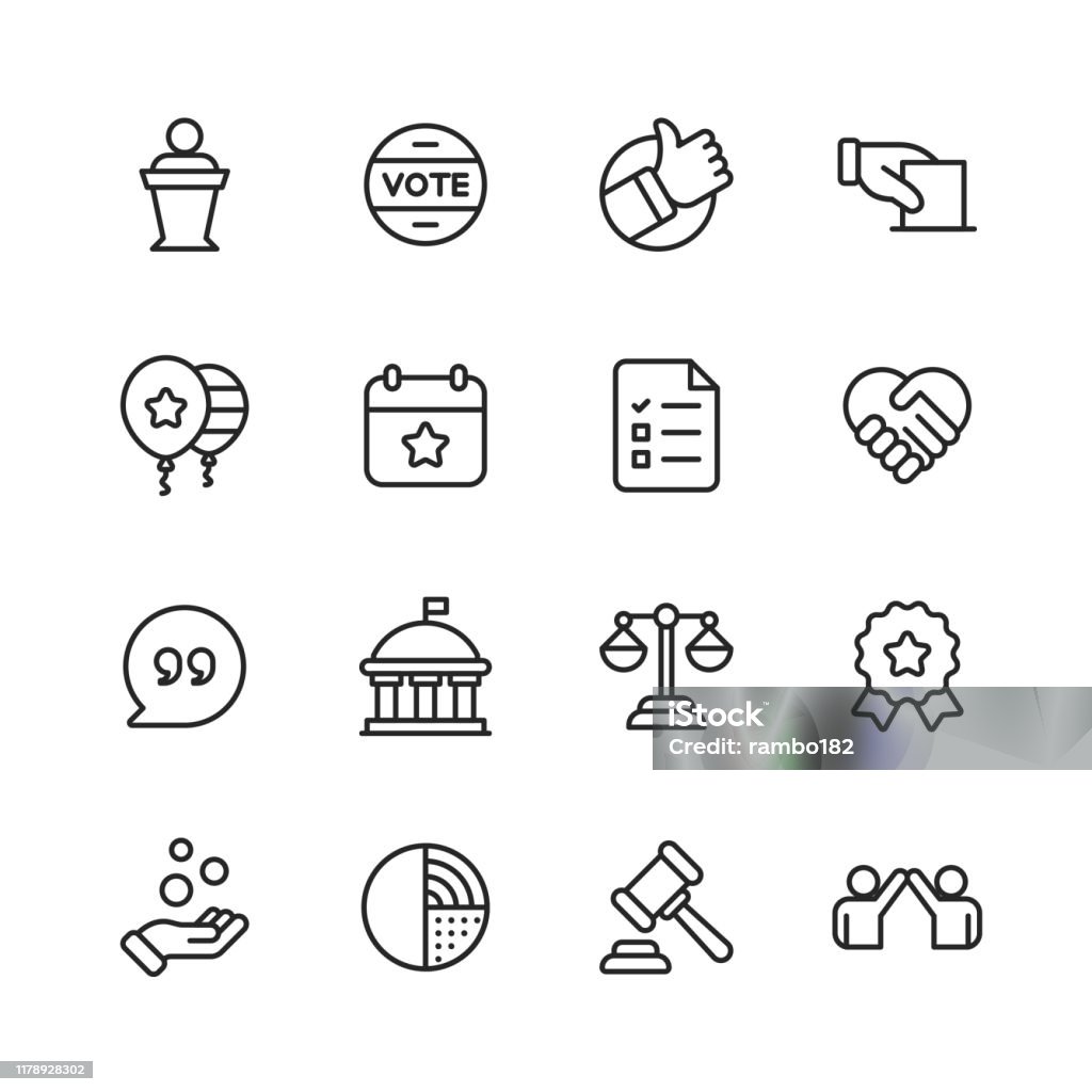 Politics Line Icons. Editable Stroke. Pixel Perfect. For Mobile and Web. Contains such icons as Voting, Campaign, Candidate, President, Handshake, Law, Donation, Government, Congress. 16 Politics Outline Icons. Icon stock vector