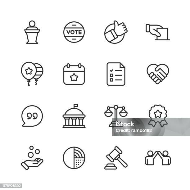 Politics Line Icons Editable Stroke Pixel Perfect For Mobile And Web Contains Such Icons As Voting Campaign Candidate President Handshake Law Donation Government Congress Stock Illustration - Download Image Now