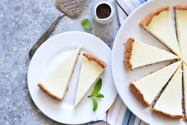 istock Classic New York cheesecake in a white plate on a concrete background. 1178929495