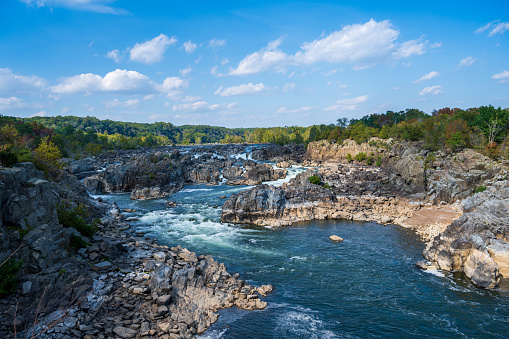 Wide angle shot of the Great Falls waterfall in Fairfax, Virginia