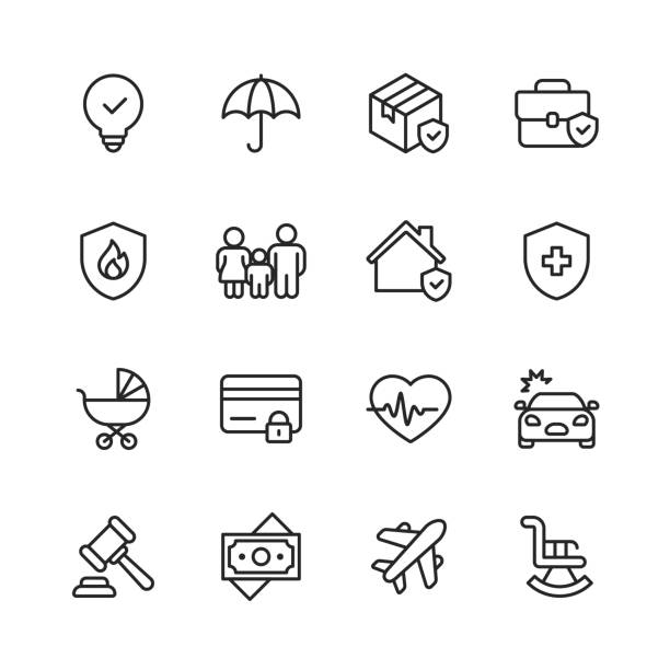 ilustrações de stock, clip art, desenhos animados e ícones de insurance line icons. editable stroke. pixel perfect. for mobile and web. contains such icons as insurance, agent, shipping, family, credit card, health insurance, savings, accident. - insurance law insurance agent protection
