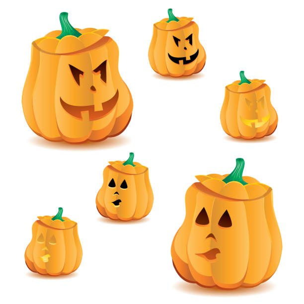Set of halloween pumpkins with variations of illumination, part 15 vector art illustration