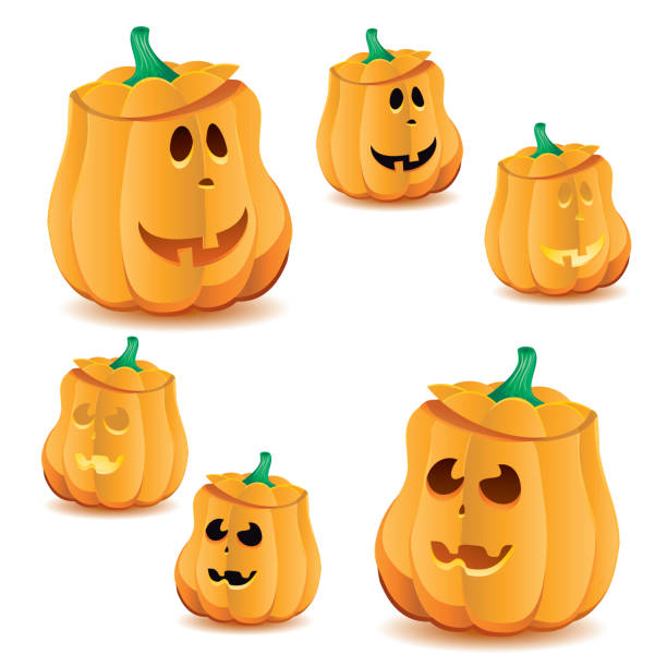 Set of halloween pumpkins with variations of illumination, part 23 vector art illustration