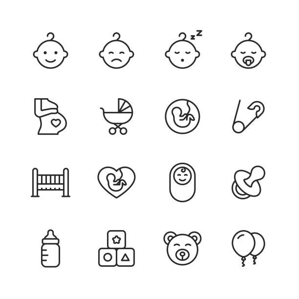 ikony linii dziecka. edytowalny obrys. pixel perfect. dla urządzeń mobilnych i sieci web. zawiera takie ikony jak dziecko, wózek, ciąża, mleko, poród, smoczek, rodzicielstwo. - baby stock illustrations
