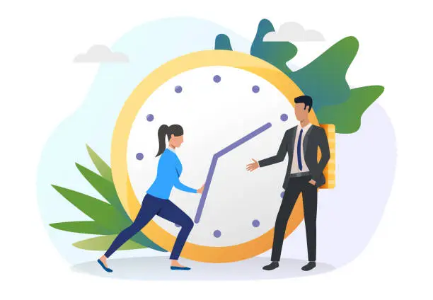 Vector illustration of Employee moving clock hands back
