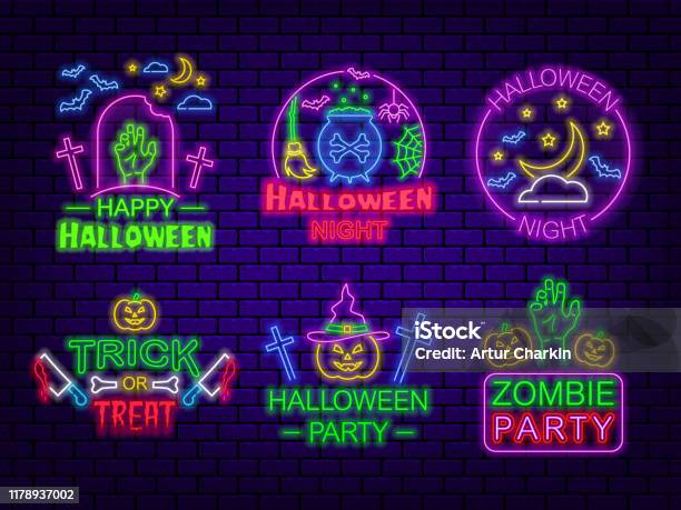 Halloween Party A Set Of Neon Signs On A Dark Brick Background - Arte vetorial de stock e mais imagens de Dia das Bruxas