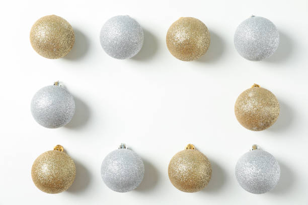 istock Flat lay with christmas balls on white background, space for text 1178940564