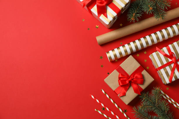 istock Composition with Christmas accessories on red background, space for text 1178940753