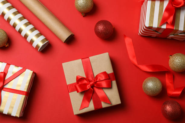 istock Composition with christmas accessories on red background, top view 1178941813