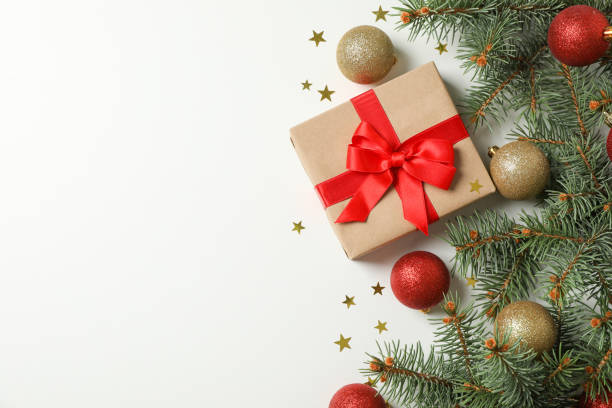 istock Composition with christmas accessories and tree on white background, copy space 1178941848