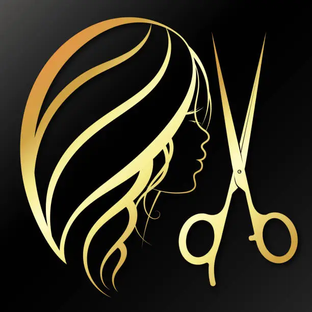 Vector illustration of Girl and golden scissors beautiful silhouette