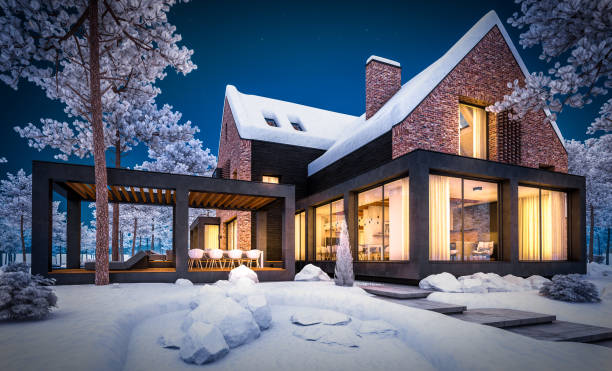 istock 3d rendering of modern clinker house on the ponds with pool in winter night 1178945708