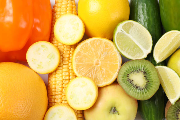 istock Different vegetables and fruits on white background, top view 1178945893