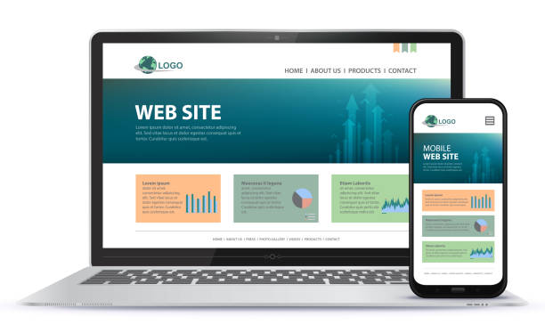 ilustraciones, imágenes clip art, dibujos animados e iconos de stock de diseño de sitio web responsivo con pantalla de computadora de escritorio e ilustración vectorial de teléfono móvil. - página de inicio