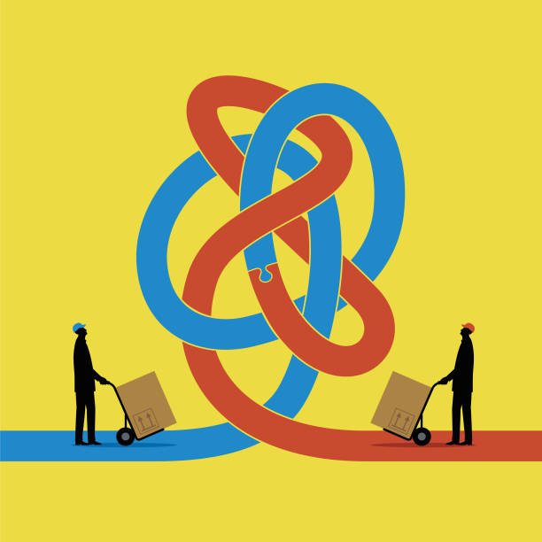 Illustration of two people trying to trade with each other but they meet a knot in the road vector art illustration