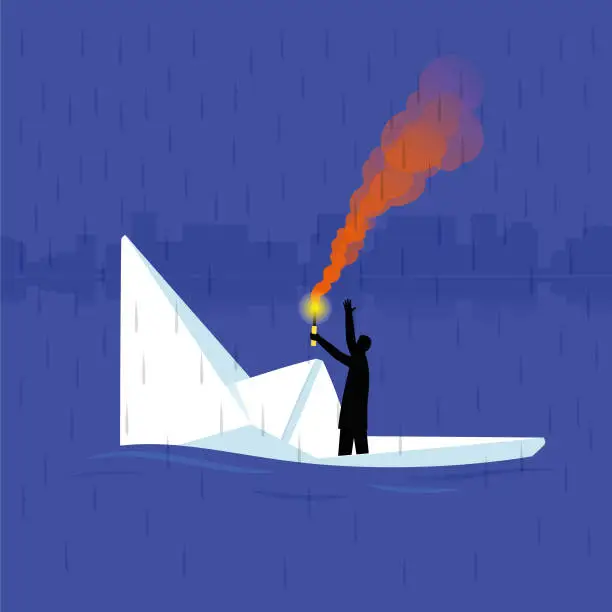 Vector illustration of Illustration of a sinking paper boat. A person sets off a distress flare