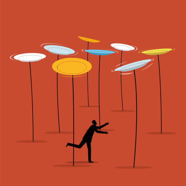 ilustrações de stock, clip art, desenhos animados e ícones de illustration of a man trying to keep a number of plates spinning - business struggle