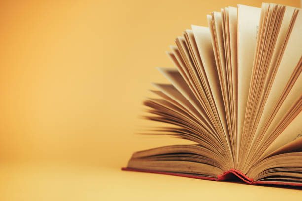 istock Beautiful open red book on a yellow background. 1178947612