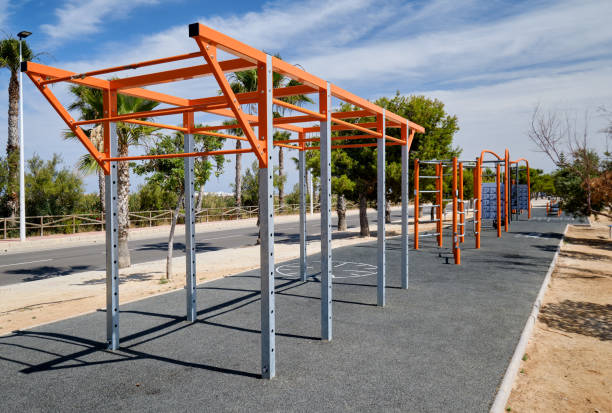 Empty outdoors gym, street workout equipment, tool for healthy lifestyle and health care available in parks or public facilities, keep your body slim and strong concept