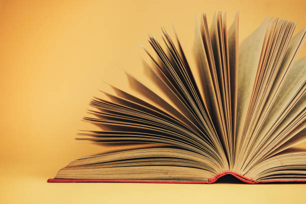 istock Beautiful open red book on a yellow background. 1178948218