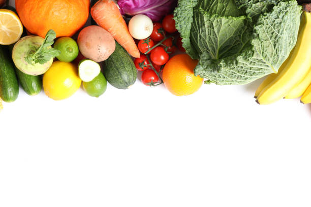 istock Composition with ripe vegetables and fruits isolated. Top view 1178948303