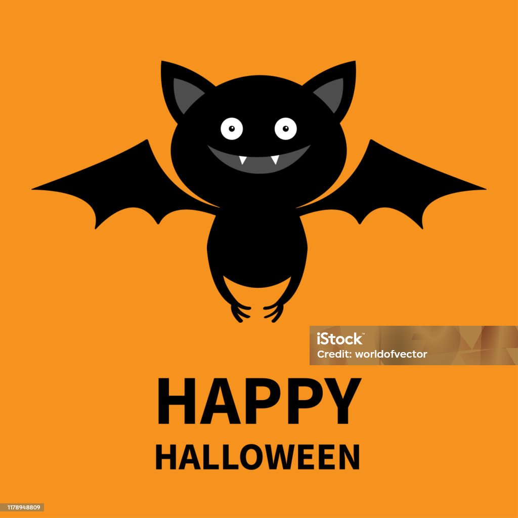 Happy Halloween Cute Bat Flying Silhouette Icon Cartoon Funny Baby  Character With Big Open Wing Eyes Ears Forest Animal Flat Design Orange  Background Isolated Greeting Card Stock Illustration - Download Image Now -