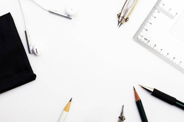 istock Background with white paper, pencils and eraser. Workplace for the painter. Background to display the logo and lettering. copyspace, space for text. the blogger instrument. Office tools. 1178948815