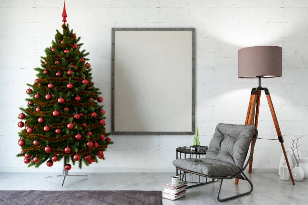 istock Mock up Blank Picture Frame with Christmas Tree and Decoration 1178948875