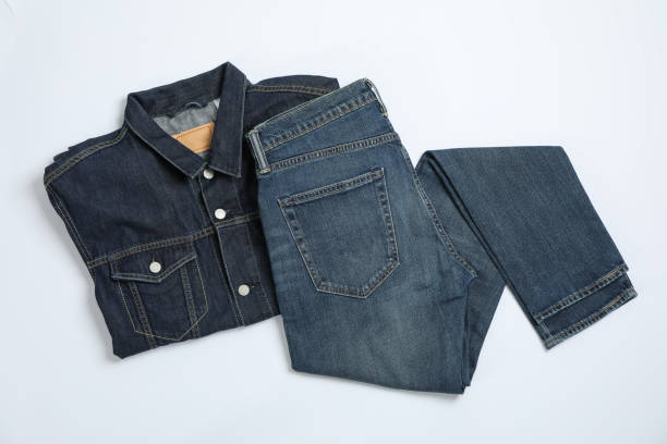 istock Denim jacket and pants on white background, space for text 1178950956