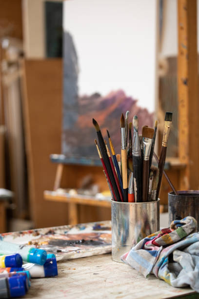 istock Brushes in painting artist studio 1178952748