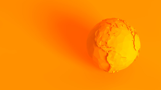 Concept stereoscopic image. Low poly earth model isolated on orange background.