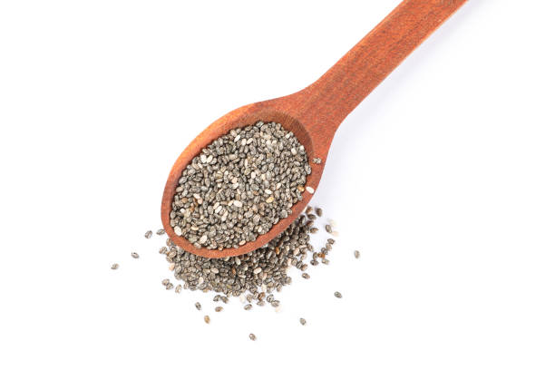 istock Chia seeds and wooden spoon isolated on white background 1178953125