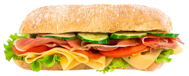istock Ciabatta sandwich with lettuce, tomatoes prosciutto and cheese isolated on white background 1178957104
