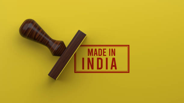timbro made in india su sfondo giallo rendering 3d - branding design marketing rubber stamp foto e immagini stock
