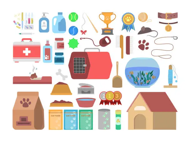 Vector illustration of Pet shop set with different goods for animal. Food and toy for domestic pet in the store.