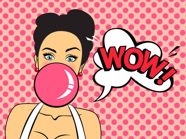 illustrations, cliparts, dessins animés et icônes de femme sexy étonnée avec le gomme à bulles. - comic book cartoon women retro revival