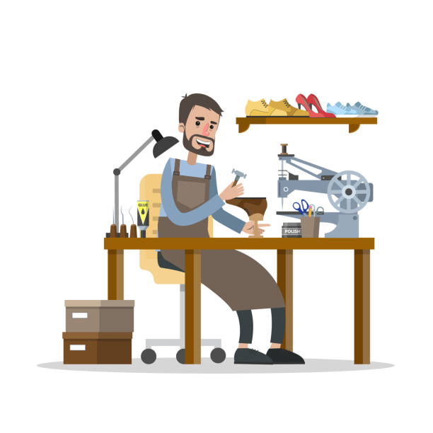 Man working in the shoe repair service. Man working in the shoe repair service. Cobbler sitting at the desk and repair boots with special equipment. Isolated vector flat illustration shoemaker stock illustrations