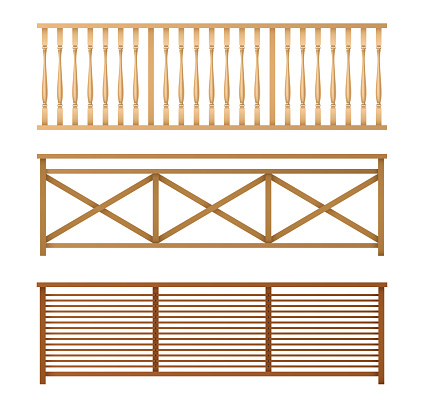 Wooden fences, handrail, balustrade sections with rhombus and grates patterns isolated, 3d realistic vector illustrations set. Balcony, stairway or terrace fencing. House interior design elements