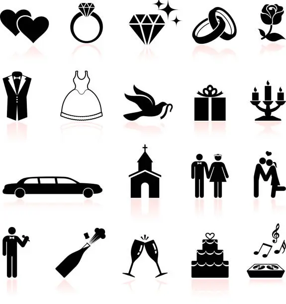 Vector illustration of Wedding day black and white royalty free vector icon set