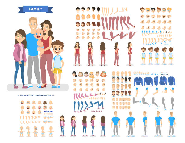 Big family character set for the animation Big family character set for the animation with various views, hairstyle, emotion, pose and gesture. Mother, father and children. Isolated vector illustration in cartoon style arm illustrations stock illustrations