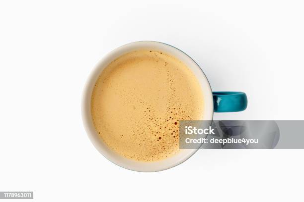 Cup Of Coffee With Foam Top View On White Background Stock Photo - Download Image Now