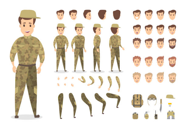 schöne militärische charaktersatz für animation - violence war gun camouflage stock-grafiken, -clipart, -cartoons und -symbole