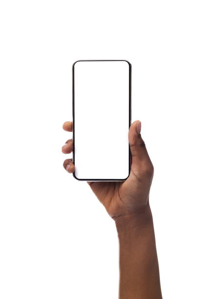 frau hand halten smartphone mit leerem bildschirm, isoliert auf weißem hintergrund - phone stock-fotos und bilder