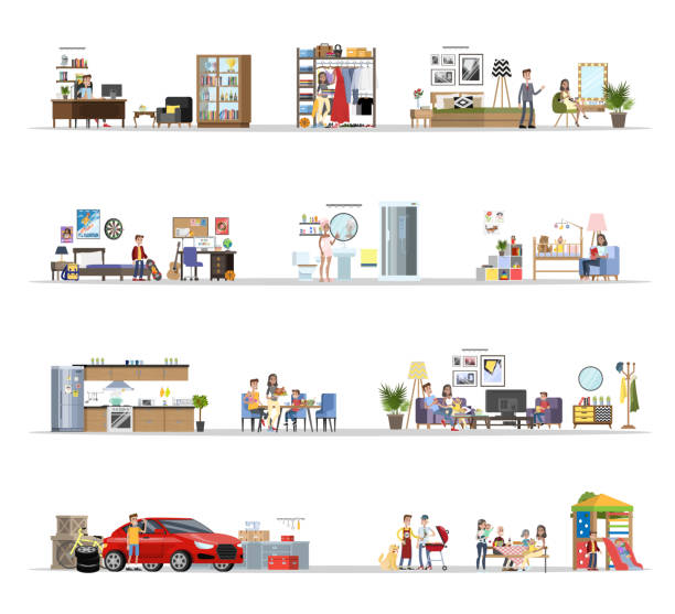 ilustrações de stock, clip art, desenhos animados e ícones de house building interior with the garage set - vehicle interior green sofa indoors