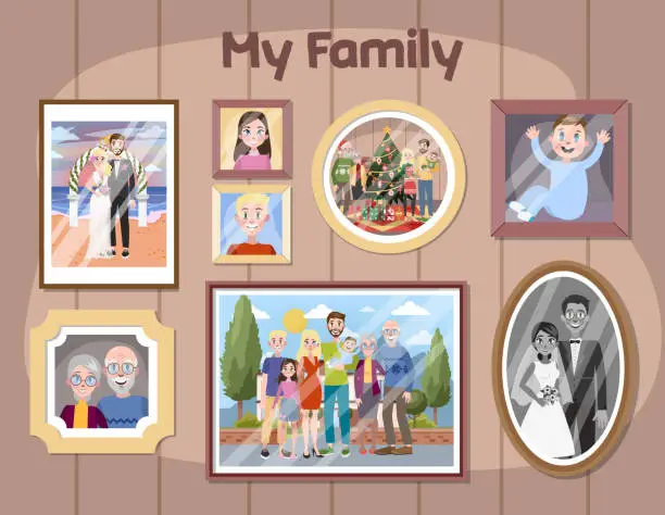 Vector illustration of Gallery of family portraits in frames. Photo of group of people.