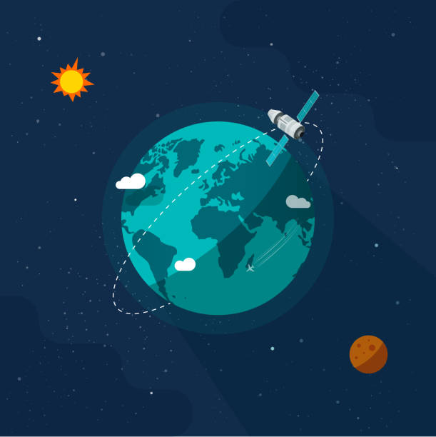 ilustrații de stoc cu pământ în ilustrația vectorială a spațiului cosmic, navă spațială prin satelit plat de desene animate care zboară în jurul lumii planetei pe universul sistemului solar, lună, stele, zbor pe orbită în cosmos sau imaginea universului - orbitare